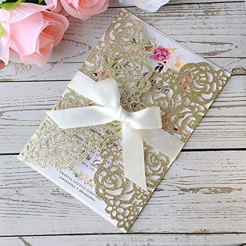 20PCS 5.12 x 7.28'' Champagne Wedding Invitations Cards Laser Cut Hollow Rose Flowers Pocket with bowknot for Bridal Shower Engagement Birthday Invite (Champagne Glitter) by KUCHYNEE