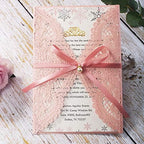 5.12 x7.28 inch 50PCS Pink Blank Laser Cut Hollow Lace Wedding Invitations with Envelopes & Pearl Bowknot Quinceanera Invitation Cards for Wedding Invite - Image 2