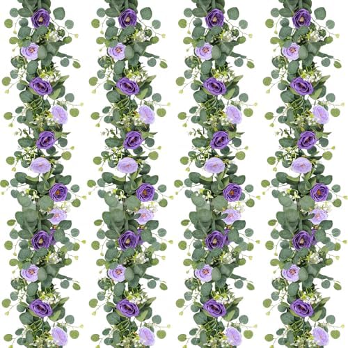 TOCHGREEN 4 Pack Artificial Eucalyptus Flower Garland with Purple Roses by TOCHGREEN