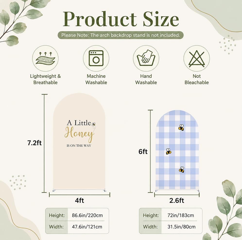 Set of 2 Little Honey Arch Backdrop Cover 2PCS Honey Bee Baby Shower Spandex Arch Covers Blue Gingham Gender Reveal Birthday Party Decoration (Cream Beige,7.2FT & 6FT) - Image 3