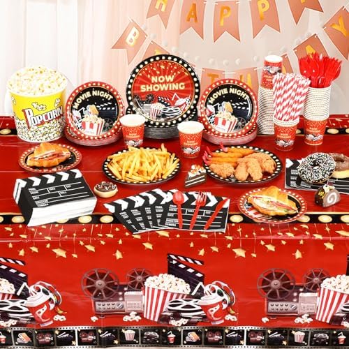 Funnymoom 452 Pcs Movie Night Party Decorations Supplies Set Include Movie Theme Birthday Paper Plates Napkins Cups Tablecloth Cutlery Straws for Now Showing Red Carpet Birthday Party - Image 6