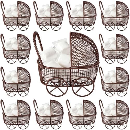 Threehoney 12 Pcs Baby Shower Mini Carriage Decoration Brown Highland Cow Color Metal Wired Fillable Candy Stroller Baby Shower Table Centerpiece for Guest Gender Reveal Wedding Party Favor Gift by Threehoney