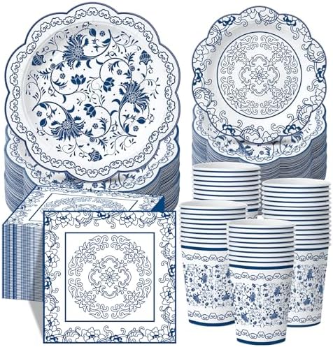 Pickmesh 250 Pcs Chinoiserie Party Supplies Decorations Blue and White Porcelain Disposable Paper Plates Napkins and Cups for Blue White Floral Baby Shower Birthday Wedding Tea Party, Serve 50 by Pickmesh