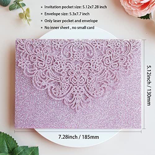 Hosmsua 50PCS Purple Glitter Wedding Invitation Pocket, 5.12 x 7.2 Laser Cut Lace Flora Quinceanera Invitation Pockets with Envelopes for Wedding Bridal Shower Quince Invite (No Inner Sheet) - Image 3