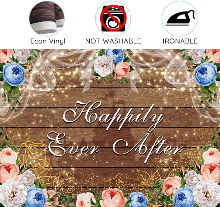 8 x 6 ft Happily Ever After Backdrop Castle Princess Boho Wood Floral Wedding Party Background White Blue Golden Rose Bridal Shower Retirement Party Decorations Banner Photo Props - Image 7