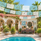 Tiamon 12 Pack Mexican Party Decorations Plastic Papel Picado Banner Garland Waterproof Cielito Lindo Decor for Baby Shower Day of The Dead Wedding Cinco De Mayo Outdoor Decor (Blue White) - Image 7