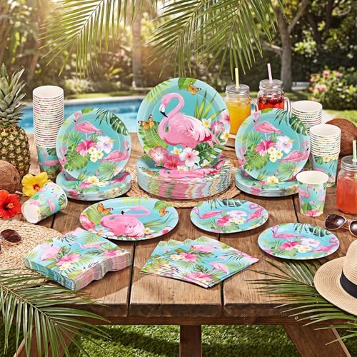 Pickmesh 250 Pcs Summer Flamingo Disposable Tableware Set Hawaiian Luau Party Supplies Tropical Paper Plates Napkins and Cups for Summer Beach Aloha Baby Shower Birthday Pool Party, Serve 50 Guest - Image 4