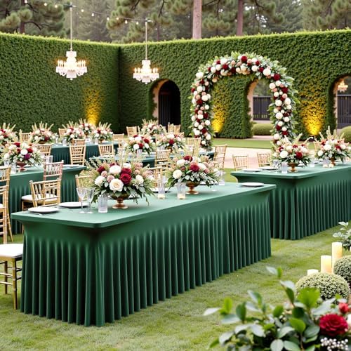 2 pk Hunter Green Spandex Tablecloth for 6 Foot Rectangle Tables, Wrinkle Free Fitted Spandex Table Covers 6ft Green Stretch Table Cloths with Ruffle Skirt for Parties Weddings Banquet Baby Shower - Image 3