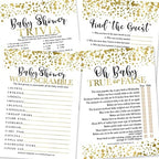 Hadley Designs 25 Gold Word Scramble, 25 True Or False Game, 25 Trivia Game, 25 Find The Guest-4 Double Sided Cards Baby Shower Ideas, Gender Reveal Games Baby Shower Games by HadleyDesigns