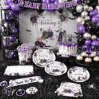 Halloween Baby Shower Decorations 265pcs A Baby Is Brewing Baby Shower Decorations Plates and Napkins Purple Watercolor Flower Coffin Vampire Bat Tableware for Halloween Baby Sprinkle Party Supplies - Image 7