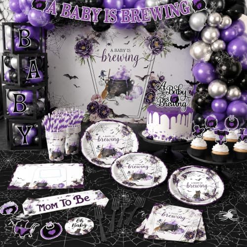 Halloween Baby Shower Decorations 265pcs A Baby Is Brewing Baby Shower Decorations Plates and Napkins Purple Watercolor Flower Coffin Vampire Bat Tableware for Halloween Baby Sprinkle Party Supplies - Image 7