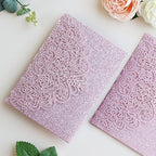 Hosmsua 50PCS Purple Glitter Wedding Invitation Pocket, 5.12 x 7.2 Laser Cut Lace Flora Quinceanera Invitation Pockets with Envelopes for Wedding Bridal Shower Quince Invite (No Inner Sheet) - Image 6