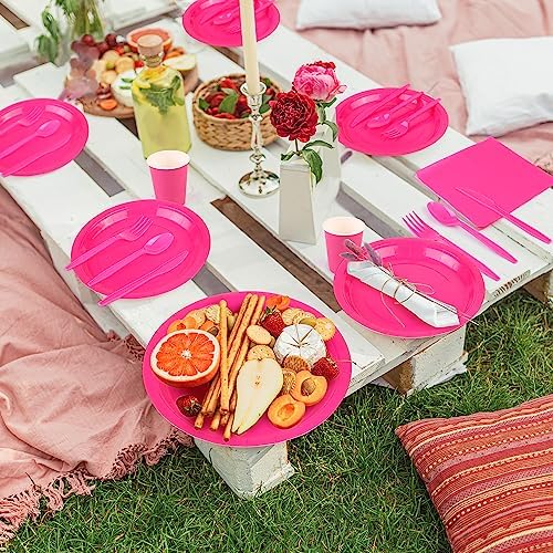 durony 350 Pieces Hot Pink Paper Dinnerware Set 7 Inch 9 Inch Disposable Dinner Plates Serve 50 Guests Paper Cup Cutlery Napkins Solid Color Party Supplies for Birthday Wedding Party Family Picnic - Image 5