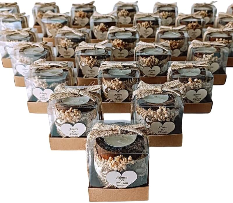 150 PCS Rustic Candle Wedding Favors, Burlap Bow, Baby’s Breath Flowers, Personalized Heart Tag, Clear Box Packaging, Bridal Shower Guest Gifts by ACROBATAJANS
