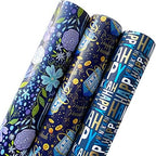 Jillson Roberts Hanukkah Wrapping Paper Roll Bundle - 3 Pack (75 sq ft Total) Floral Menorah, Happy Hanukkah Greetings by JillsonRoberts
