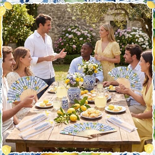 JellyArch 36 Sets Lemon Handheld Folding Fans with White Organza Bags and Yellow Bows Tile Capri Lemon Hand Fan Bulk for Wedding Guests Gift Bridal Party Decorations Church Baby Shower Supplies - Image 6