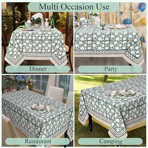 Ridhi Turquoise Moss Green Hand Block Print Cotton Tablecloth 190 x 72 Inch - Image 5