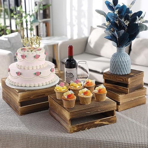 Sieral 4 Pcs Wood Cupcake Stand Dessert Display Risers,Rustic Dark Brown - Image 3