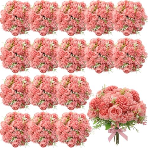 Tigeen 24 Bundles Artificial Flowers Bouquet Silk Peonies, Coral Red by Tigeen