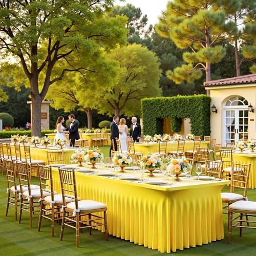 4 Pack Yellow Spandex Tablecloths for 6 Foot Rectangle Tables, Wrinkle Free Lemon Fitted Tablecover 6ft Stretchy Table Clothes Desk Skirt for Weddings Birthday Party Banquet Baby Shower - Image 3