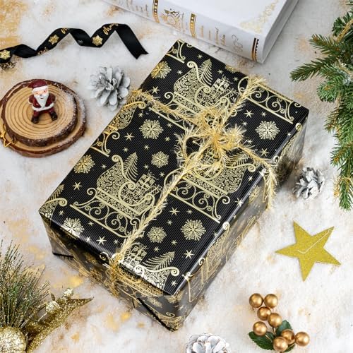 WRAPAHOLIC 30 Inch Christmas Wrapping Paper Roll - Jumbo Roll Black Gold Christmas Sleigh Holiday Design with Metallic Foil Shine - 4 Rolls - 30 Inch x 120 Inch Per Roll - Image 4