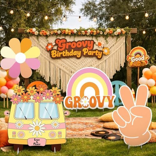 4 Pcs 24 Inch Large Hippie Photo Booth Props Retro Groovy Cardboard Cutout Party Decorations Boho Bus Daisy Peace Sign Hand Rainbow Frame Backdrop for 60s 70s Hippie Baby Shower Party Supply - Image 3
