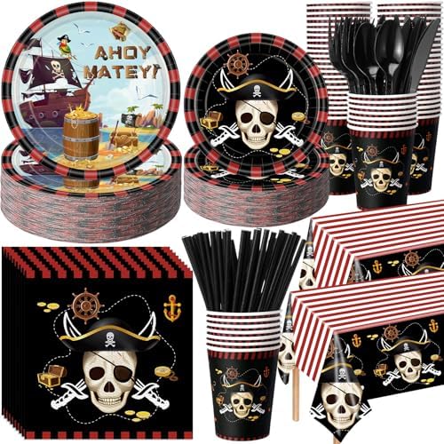 Potchen 452 Pcs Pirate Plates Napkins Party Supply, Red Black by Potchen