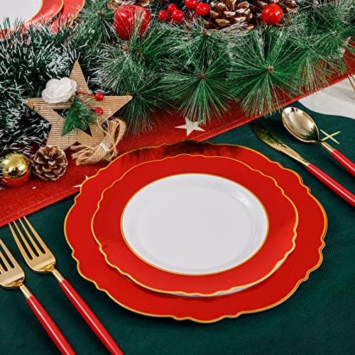 WDF 30Guest Red Plastic Plates - Gold Plastic Silverware With Red Handle - Red Plates Disposable- Baroque Plastic Dinnerware for Wedding Baby Shower Spring Birthday - Image 6