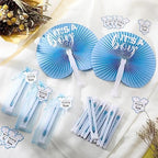 Redbaker 50 Sets Baby Shower Folding Handheld Fans Girl Boy Paper Round Shaped Accordion Fans with Baby Shower Favor Tags and Organza Bags for Guests Gender Reveal Party Favors Gifts (Blue) - Image 5