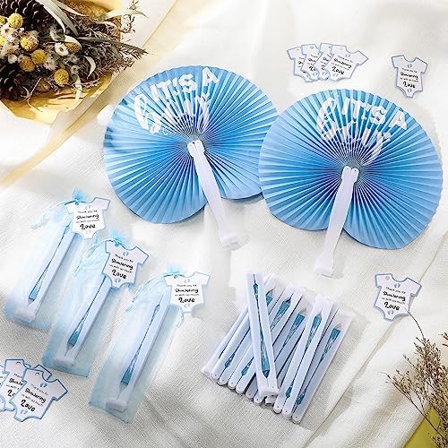 Redbaker 50 Sets Baby Shower Folding Handheld Fans Girl Boy Paper Round Shaped Accordion Fans with Baby Shower Favor Tags and Organza Bags for Guests Gender Reveal Party Favors Gifts (Blue) - Image 5