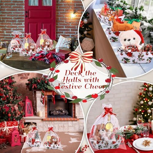Nuogo 12 Pack Christmas Basket for Gifts Empty 9.8 x 6.5 Inch Bulk Gift Baskets Empty to Fill Cardboard Trays with Basket Bags, Pull Bows for Christmas Holiday Birthday Party Gifts (Floral Style) - Image 4