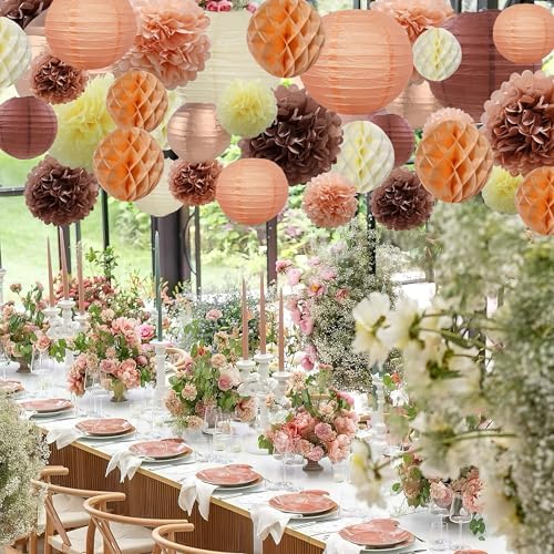 WOLHOWLTD Rose Gold Paper Decoration Set - 36 Pcs Paper Lanterns Pompoms Honeycomb for Wedding, Valentine's,Single Party,Bridal Shower,Birthday Home Garden Decoration(Rose Gold Coffee Peach Beige) - Image 3