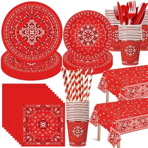 Funnymoom 452 Pcs Red Bandana Western Party Decorations for 50 Guests, Red Bandana Paper Plates Cups Napkins Tablecloth Cutlery Straws for Cowboy Cowgirl Farm Baby Shower Birthday Party Supplies by Funnymoom