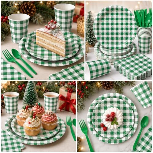 Vyntra 350-Pc Green Gingham Paper Plates and Napkins Party Supplies - Image 4
