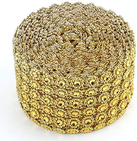 Foraineam 10 Yards / 30 Feet Golden Diamond Ribbon Wrap Faux Rhinestone Crystal Ribbon Flower Shape Mesh Wrap Roll for Event Party Wedding Decoration (Pack of 2) - Image 4