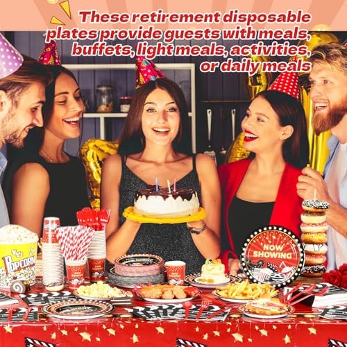 Funnymoom 452 Pcs Movie Night Party Decorations Supplies Set Include Movie Theme Birthday Paper Plates Napkins Cups Tablecloth Cutlery Straws for Now Showing Red Carpet Birthday Party - Image 5