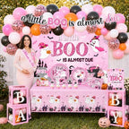 Pink Halloween Baby Shower Decorations Girl, All-in-1 A Little Boo is Almost Due Baby Shower Decorations with Balloon Arch Kit Baby Boxes Plates Napkins Cake Toppers Tablecloth Backdrop Spooky Decor - Image 4