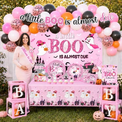 Pink Halloween Baby Shower Decorations Girl, All-in-1 A Little Boo is Almost Due Baby Shower Decorations with Balloon Arch Kit Baby Boxes Plates Napkins Cake Toppers Tablecloth Backdrop Spooky Decor - Image 4