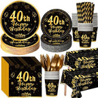 Funnymoom 452 Pcs 40th Birthday Party Decorations Set for Men Women, Black and Gold Happy 40th Birthday Paper Plates Napkins Cups Tablecloth Cutlery Straws for Cheers to 40 Years Anniversary Party by Funnymoom