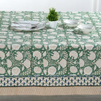 Ridhi Turquoise Moss Green Hand Block Print Cotton Tablecloth 118x70 Inch - Image 3