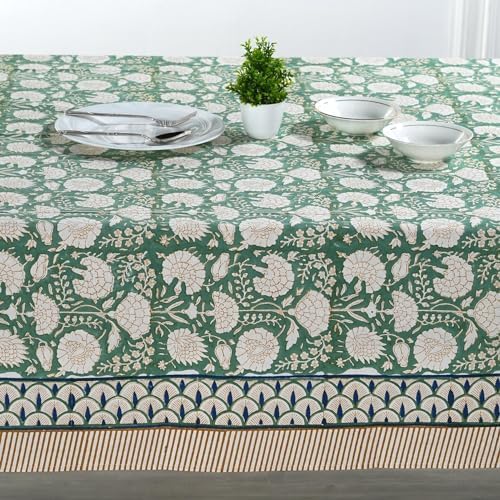 Ridhi Turquoise Moss Green Hand Block Print Cotton Tablecloth 118x70 Inch - Image 3