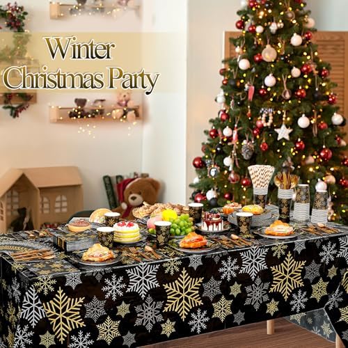 Funnymoom 452 Pcs Christmas Snowflake Party Supplies Black Gold and Sliver Snowflake Paper Plates and Napkins Cups Tablecloth Cutlery Straws for 50 Guests Winter Xmas Birthday Party Decoration - Image 5