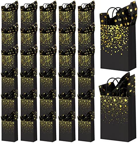 32Pcs Black and Gold Gift Bags with 32 Tissue Paper Heart Stars Dots Styles by Aranorun