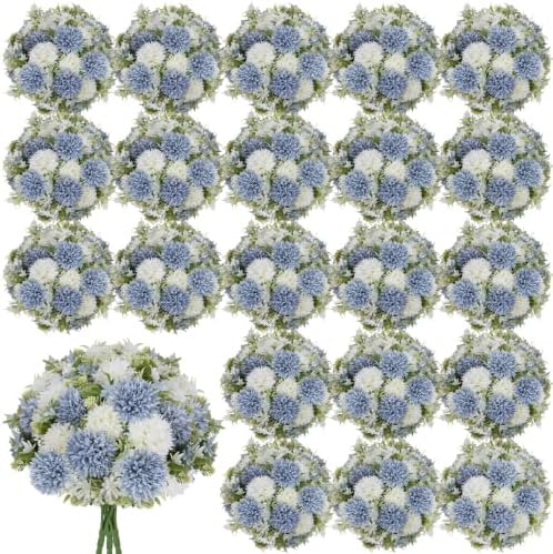 Dusty Blue White Artificial Flowers 24 Bundles Silk Floral with Stem by TOBILU