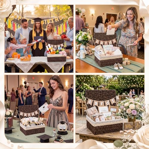 Gerrii Wedding Party Decoration 12 x 9.4 x 5.3 in Large Wicker Storage Basket with Lid Wedding Card Box and Card Banner Set Money Envelope Box Gift for Baby Shower Favor Supplies(Coffee) - Image 3