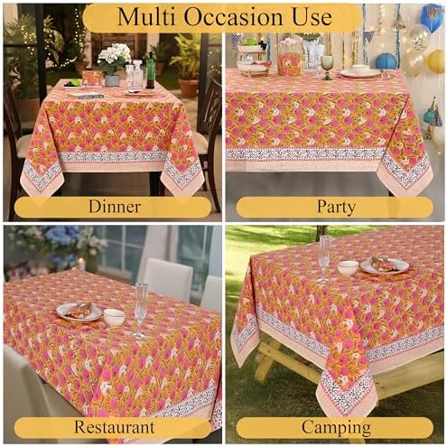 Ridhi Bubblegum Pink Hand Block Print Cotton Rectangle Tablecloth 108" x 60" inches Reusable Table Cover Decorative Everyday Use for Dining Room, Farmhouse, Home Gift for Spring, Mother's Day - Image 5