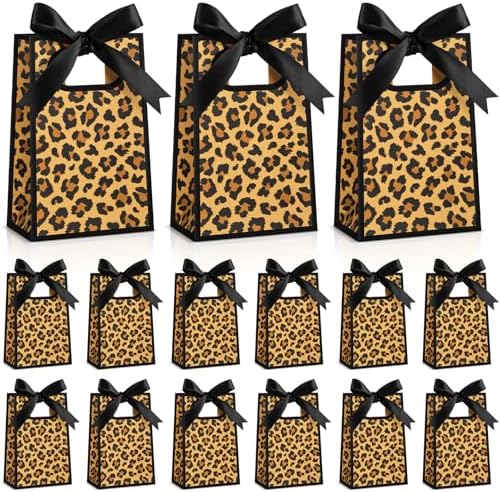 AmazingSpark 50 Pcs Leopard Print Mini Gift Bags Bulk 6.3 x 3.9 x 2.8 Inch Cheetah Small Gift Bags with Handles and Ribbon Bows for Wedding Birthday Bridal Baby Shower Party Favors(Brown Black) by Unknown