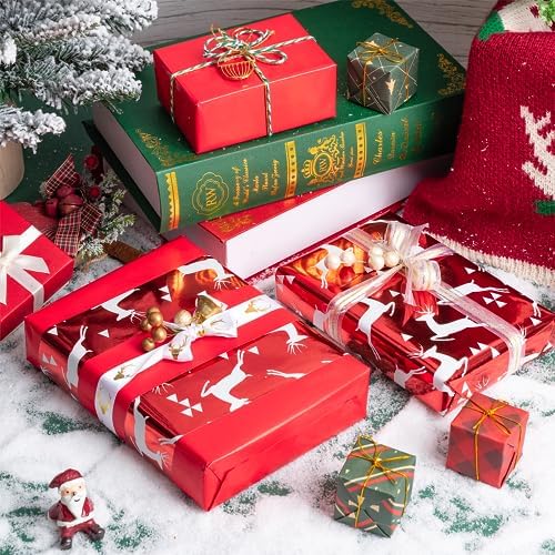 WRAPAHOLIC 30 Inch Jumbo Reversible Red Christmas Wrapping Paper - 30 Inch x 100 Feet Jumbo Roll Reindeer Wrapping Paper and Solid Red Design with Metallic Foil Shine for Christmas, Holiday, Party - Image 6