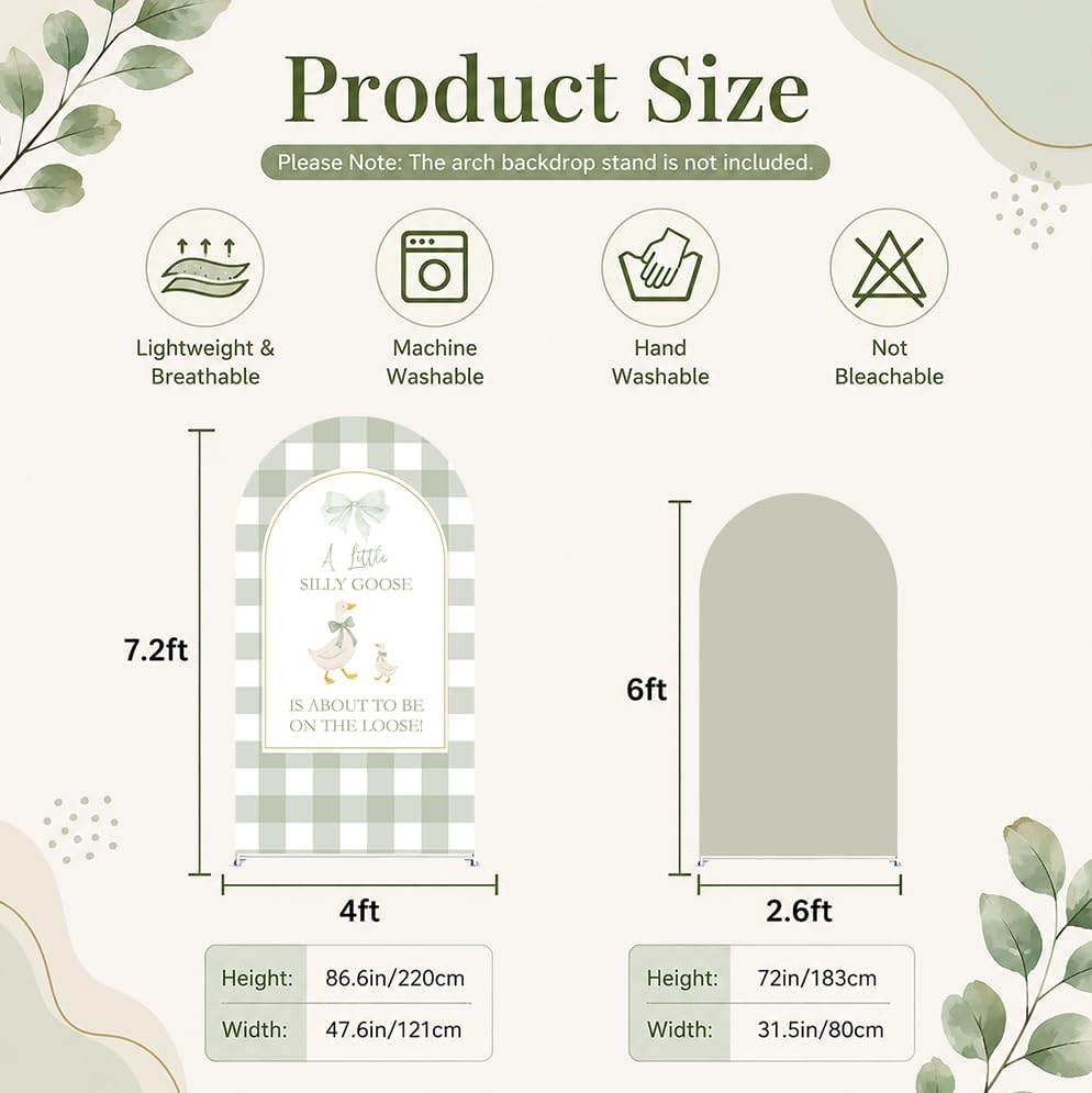 Set of 2 Arch Backdrop Covers Silly Goose Baby Shower Sage Green Gingham Birthday Party Gender Reveal Decoration (Goose,7.2FT & 6FT) - Image 3