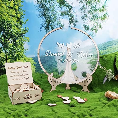 Wedding Guest Book Alternative with Box and Small Hearts,Personalized Round Drop Guest Sign for Rustic Wedding Decorations,Anniversary and Birthday(style3, Circular) - Image 6